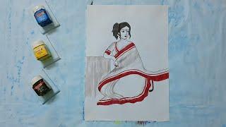 How to draw a beautiful lady in red white sari #easyartchannel #artwork #drawingtutorials #drawing