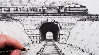 Come disegnare usando la prospettiva a 1 punto: Train Track and Tunnel