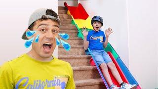 Jason and Alex Stair Slide Adventure with Safety Measures