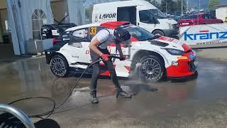 WRC Croatia Rally 2023 leader's Evans car gets proper wash after ss12 before Sat midday service