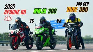 2025 Tvs Apache RR310 Vs Ktm Duke 390 (3rd Gen) Vs Kawasaki Ninja 300 Triple Battle Drag Race