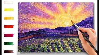 Sunset over the lavender field. How to paint ACRYLIC tutorial DEMO