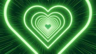 NEON LIGHT GREEN TUNNEL HEARTS. Striped background. Video Loop