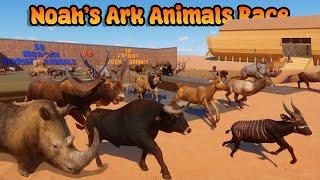 50 Modern VS 50 Ancient Horned Animals Race in Noah's Ark Planet Zoo included Cow, Buffalo, Deer