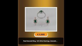 Real Emerald Ring, 14K GOLD Earrings, Emerald Jewelry SET, Elegant White Gold Round Cut Beautiful...