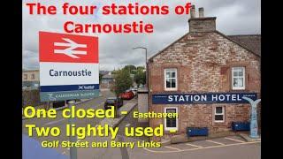 Four stations of Carnoustie in Scotland - one now closed, and two hardly used.