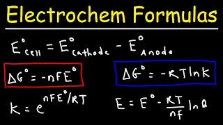 Electrochemistry Formulas - Gibbs Free Energy, Equilibrium K, Cell Potential, Nernst Equation