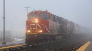 (Five Metrolink F59PHs!) CN Train X394 East out of the fog at Mount Pleasant (12/28/2024)