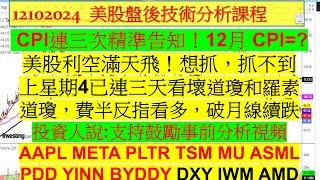 1210美股盤後課程！CPI連三次精準告知！12月 CPI=? 上星期連三天看壞DJI和IWM！AAPL META PLTR TSM MU ASML PDD YINN BYDDY AMD