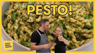 Don't Panic Pantry: Pesto! (noodles with crushed up herby cheesy oil nut sauce)