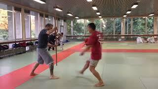 Jo Jitsu Kata Oyo preparation. Sensei Jerzy Chrzanowski with sensei Theodore LE