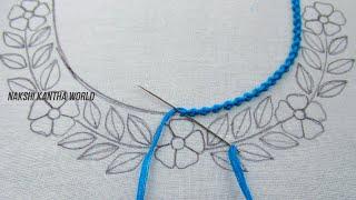 Wow! it's so cute floral neckline embroidery for kurti| New hand embroidery neck design tutorial