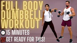 15 Minute Full body Dumbbell Workout [No Repeats + Low Impact Workout Options]