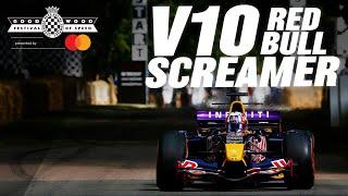 Pierre Gasly takes screaming V10 Red Bull RB-1 up Goodwood Hill