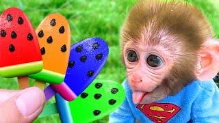 BonBon Monkey va a Ducharse y Comer Helado de Arcoíris Con Lindo Cachorro - Bonbon Monkey en Español