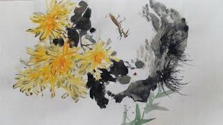 中國寫意畫： 菊石螳螂圖  Traditional Chinese Painting