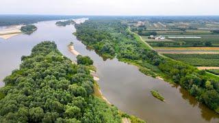 Wild Vistula river and forest near Warsaw city in Poland - Drone aerial view