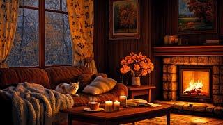 Cozy Indoor Living Room Comfort | Enjoy Peaceful Moment with Gentle Jazz Music & Fireplace, Rain