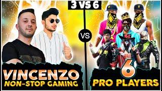 3 VS 6 || VINCENZO & NON-STOP GAMING vs 6 Pro Players Clash Squad Custom Room || Garena Free Fire