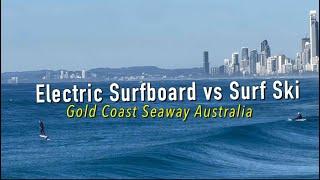 Electric Surfboard vs Surf Ski | Gold  Coast Australia Waves | Gold Coast Seaway Today 14 July 2024