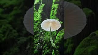 The white mushroom looks so beautiful in the rain on the rocks,,,,