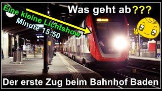 Früh morgens beim Bahnhof Baden - Der erste Zug fährt ein | Kanton Aargau | Schweiz 2023