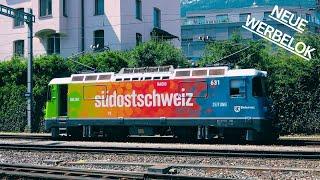 Die Ge 4/4 II 631 mit neuer Werbung für die Südostschweiz