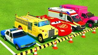 TRANSPORTING CHEVROLET, MCQUEEN CAR, FIRE TRUCKS and AMBULANCE VEHICLES with SCANIA TRUCKS !! FS22