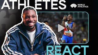 Noah Lyles reacts to 's 4x100m gold | Athletes React