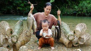 Single mother and baby take care of chickens - go to the stream to catch fish with bamboo cages