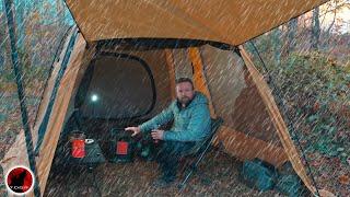 Hunkering Down in the First Snow - Hot Tent Heavy Rain & Snow Camp