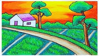 Easy Scenery Drawing | How To Draw Village Scenery With a Beautiful Garden Using Oil Pastels