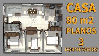 Casa de 80 m2. Plano de vivenda con 3 dormitorios, 1 baño, sala, comedor y cocina. Build home design