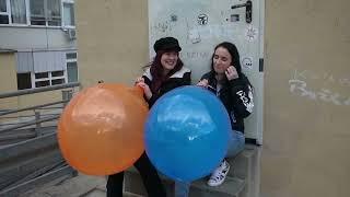 Girls have fun to blow up big balloons until they goes BANG (preview clip)