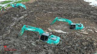 Incredible Kobelco Excavator Fails Digging In Mud - SK200 Excavator Stuck Deep