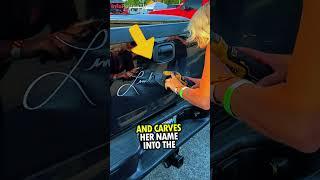 Girl Signs Cars with Grinding Machine 