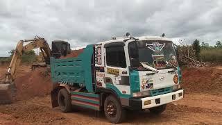 Machine Excavator stuck in deep mud Dump Truck Unloading Soil Pushing Dirt work 023