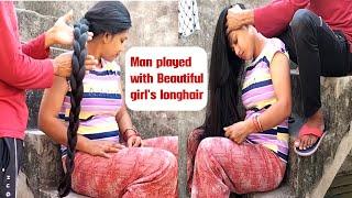 Man played with beautiful girl's longhair | longhair combed, making braid by man#hairplay #hairstyle