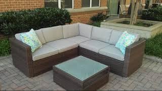 COSIEST 4 Piece Outdoor Furniture Set All Weather Brown Wicker Sectional Sofa w Glass Coffee Table