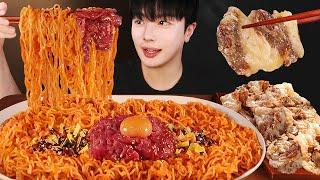 SUB)매콤살벌 비빔면에 차돌박이 육회 먹방 거의 원칩챌린지 찍음... Spicy bibimmyeon mukbang asmr 비빔면 먹방 레전드 꿀조합