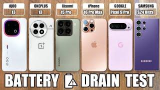 iQOO 13 vs ONEPLUS 13 vs Xiaomi 15 Pro vs iPhone 16 Pro Max / Samsung S24 Ultra - BATTERY DRAIN TEST