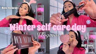 GIRLY WINTER SELF CARE DAY | VLOGMAS ️ (making hot chocolate, self care, & trying new makeup)