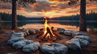 The sound of a campfire and the sound of crickets by a lake in the forest for deep relaxation.