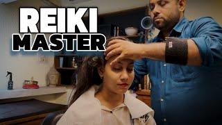 Reiki master giving deep tissue head massage therapy to female client , Asmr relax therapy