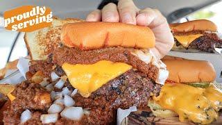 MUKBANG EATING CHEESEBURGERS CHILLI CHEESEBURGERS & CHILLI CHEESE FRIES | PROUDLY SERVING | ASMR