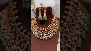 22k Gold Plated Red & Green Combination Necklace With Matching Earing  Latest Designs