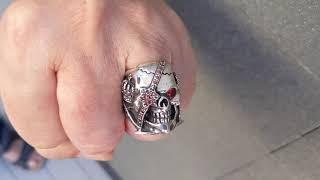 Red Garnet Eye Pirate Crown Skull Ring