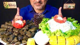 Azerbaijani Dolma from grape leaves  | Summer salad with sardines | Sweet Corn  | ASMR | MUKBANG