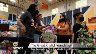 The Great Khalid Foundation donates backpacks to sixth-grade Riverside Middle School students.