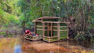 Camping hujan deras || Membangun shelter bambu sederhana di hutan pinggir sungai